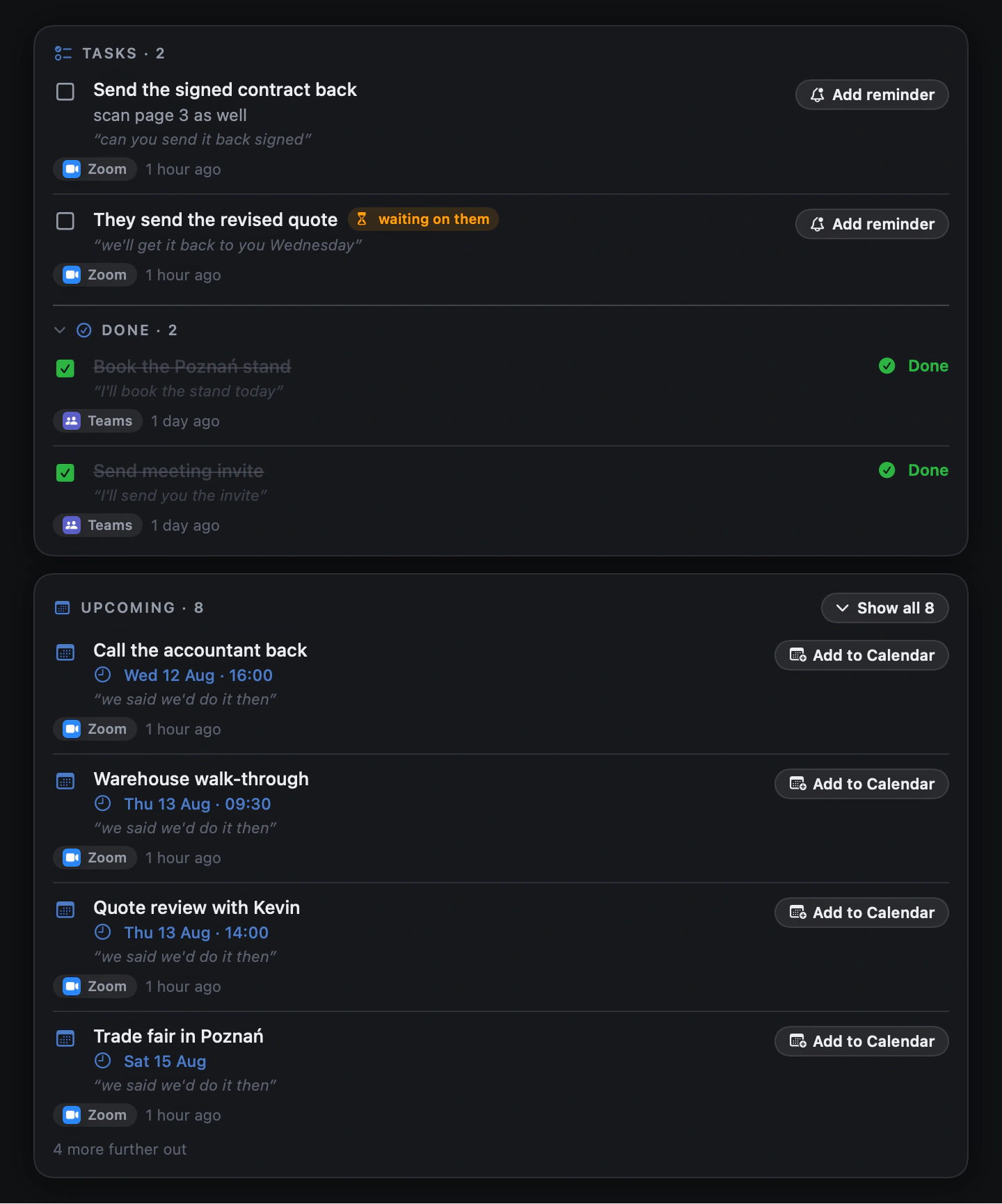 Sotto's Home window in dark mode - the same tasks and upcoming items on a near-black canvas