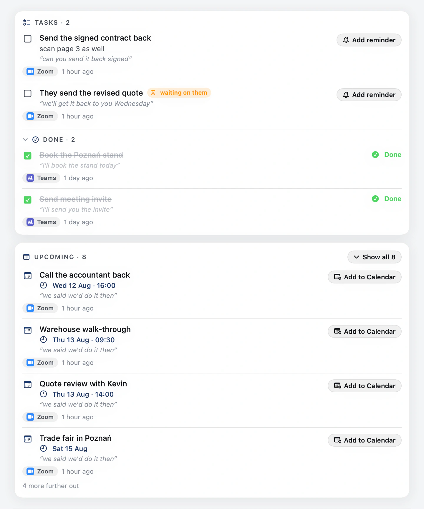 Sotto's Home window in light mode - tasks and upcoming items on a white canvas