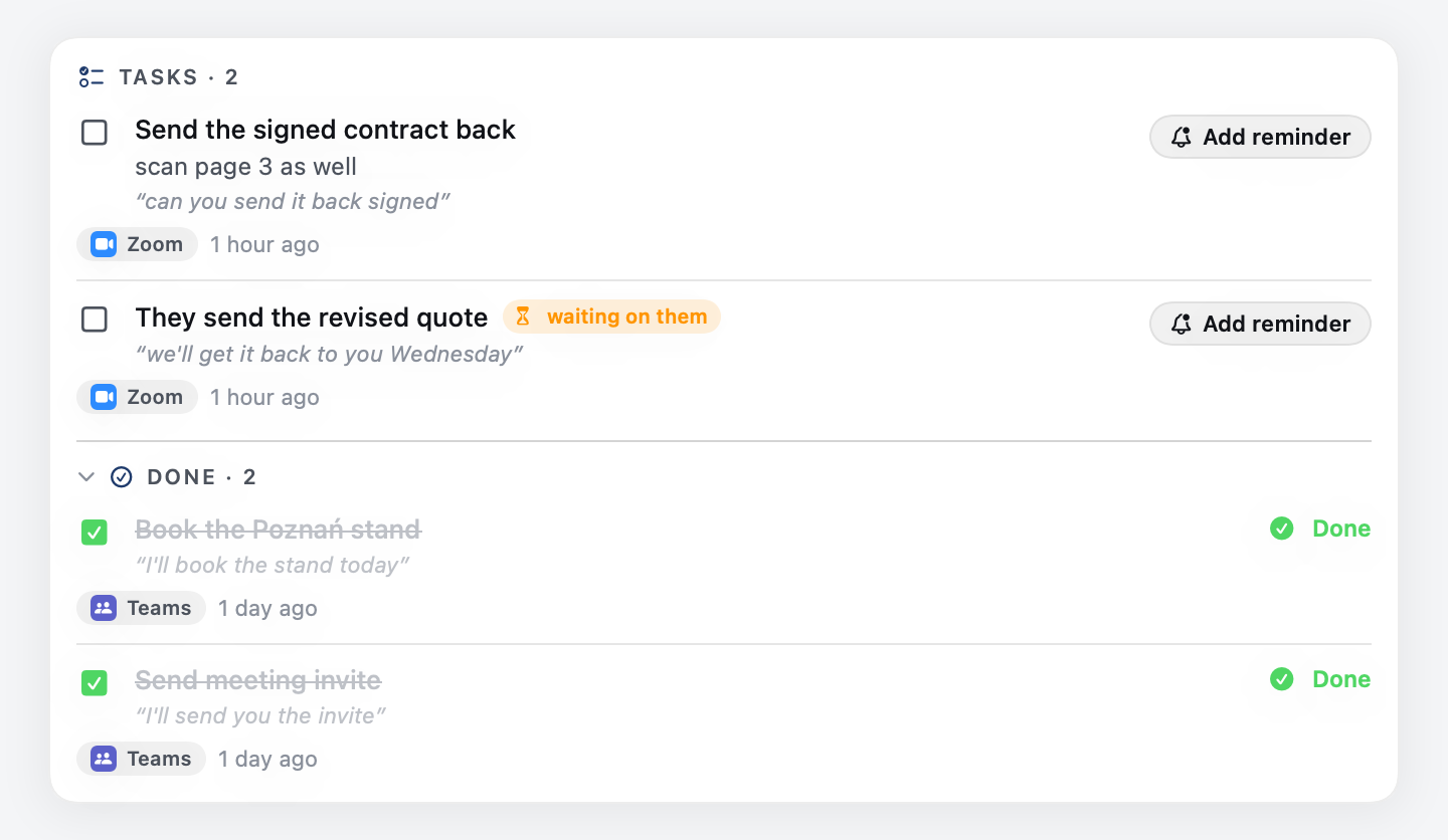 Home's Tasks panel: two open tasks from a Zoom call an hour ago, and a collapsible Done group holding two finished tasks from Teams, struck through.